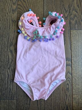 PQ Swim Pink Girls' One-Piece Swimsuit with Rainbow Pom Trim 18-24 months